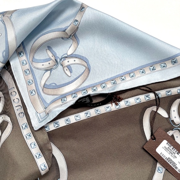 New Gucci Logo Chains Color-Block Brown Blue Silk Scarf - Picture 12 of 12